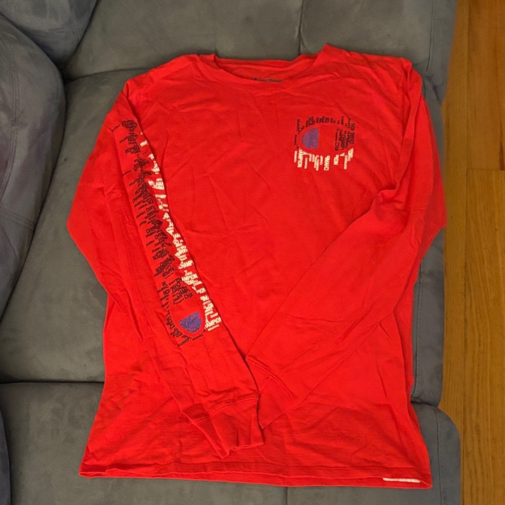Champion Red Long Sleeve Tee with Blue and White Logo